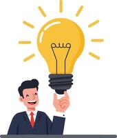 A businessman holding a glowing light bulb above his head in a flat design illustration, symbolizing ideas and innovation with a cheerful expression and bright colors vector