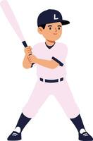 Young boy in baseball uniform holding a bat with determination in a flat illustration style showcasing sporty energy and enthusiasm in a playful setting art vector