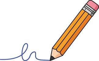 A bright orange pencil drawing a blue line on a clean white background in a minimal illustration style conveying creativity and simplicity through art vector