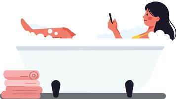 Woman relaxing in a white bathtub surrounded by bubbles, holding a smartphone, in a minimal and colorful design style, illustration vector