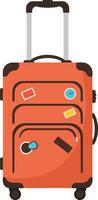 Bright orange travel suitcase with colorful stickers in a minimal design representing adventure and exploration art vector