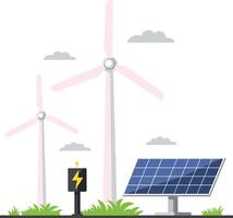 Sustainable energy scene featuring wind turbines and solar panels in a flat design art vector