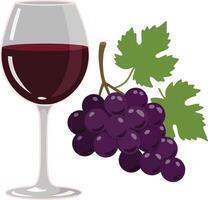 A glass of red wine beside a cluster of ripe purple grapes in a flat design illustration vector