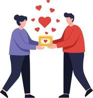Two people exchanging a gift box adorned with hearts in a cheerful flat design illustration showcasing love and connection between them vector