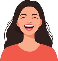 Young woman with long dark hair and bright smile in a minimal flat design style showcasing happiness and joy in art vector