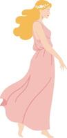 Graceful woman in a flowing pink dress walking gently through a serene setting in a flat illustration vector