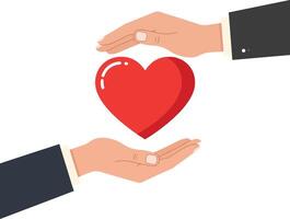 Hands gently cradling a vibrant red heart symbol in a minimalistic flat design style, conveying love and care in art vector