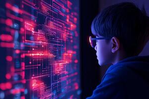 A young boy wearing glasses intently observes a futuristic display filled with vibrant red data visuals. This captivating scene exemplifies curiosity and the future of technology. photo