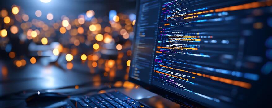 un de cerca ver de un computadora pantalla mostrando líneas de código en contra un fondo de borroso luces. el imagen representa innovación, codificación, y el digital mundo. foto