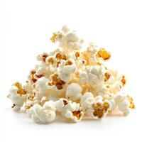 A heap of freshly popped popcorn on a white isolated background, showcasing its fluffy texture and golden kernels. photo