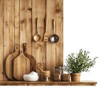 A minimalistic kitchen shelf displaying wooden utensils, serving boards, and a small potted herb, creating an inviting and rustic atmosphere perfect for cooking. photo