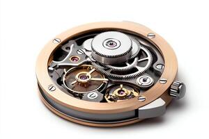 Close-up view of an intricate watch mechanism showcasing gears and springs. This detailed image highlights the craftsmanship and precision in horology, ideal for watch enthusiasts. photo