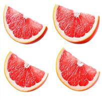 Four slices of vibrant pink grapefruit arranged in a clean and simple layout. The juicy segments highlight the fruit's refreshing nature, perfect for food photography lovers. photo