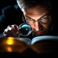 An inquisitive scholar examines an ancient text using a magnifying glass, showcasing a deep passion for literature and history photo