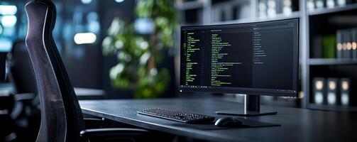A sleek workspace featuring a modern computer monitor displaying code, complemented by a comfortable chair and green plant, ideal for tech enthusiasts and programmers. photo