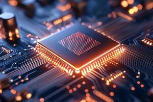 A close-up view of a computer chip illuminated with a vibrant glow, showcasing intricate circuit patterns and connections, embodying modern technological advancements and digital i photo