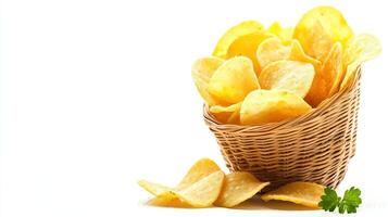 A delicious arrangement of crispy potato chips in a woven basket, showcasing their golden color and crunchy texture. Perfect for snacking or serving at gatherings. photo