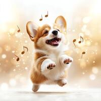 A joyful Corgi puppy dances in a light-filled atmosphere, surrounded by musical notes and sparkles. This playful scene captures the essence of happiness and energy in pets. photo