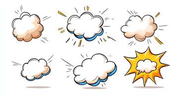 A collection of cartoon-style clouds with varying shapes and effects, perfect for adding a whimsical touch to designs, illustrations, or digital art projects photo