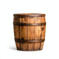 A rustic wooden barrel featuring a classic design, perfect for decor, storage, or showcasing beverages. This barrel adds a touch of vintage charm to any setting. photo