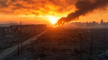 A dramatic sunset casts a fiery glow over a devastated landscape, with smoke billowing into the sky photo