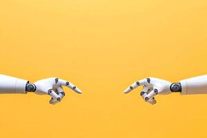 This image features two robotic hands reaching towards each other against a vibrant yellow background, symbolizing connection and innovation in technology. photo