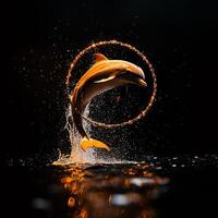 A dolphin gracefully leaps through a sparkling hoop in a stunning underwater scene, showcasing its agility and playful nature. The photograph captures a moment of joy and energy. photo