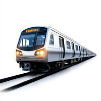 A modern subway train in motion, symbolizing urban transportation and connectivity. The sleek design and bright headlights represent efficiency in city commuting. photo