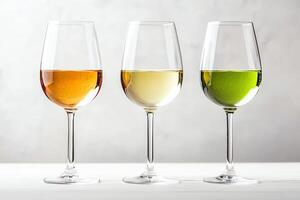 Three wine glasses in a row, each containing different types of wine red, white, and green, on a light background. photo