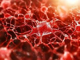 This close-up image illustrates the intricate structure of red neurons, showcasing their connectivity and complexity, perfect for scientific projects, articles, or educational mate photo