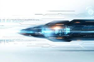 Futuristic digital design showcasing advanced technology with streamlined shapes and glowing elements, representing speed and innovation in a high-tech environment. photo