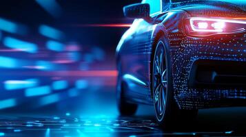 A futuristic car with sleek design, illuminated by vibrant blue and red lights, symbolizing speed and technological advancements in the automotive industry. photo