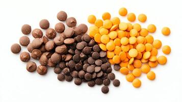 A close-up view of various types of chocolate and colored candy drops arranged in a creative pattern on a white background, showcasing an appealing assortment for dessert lovers. photo