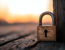 This close-up image of a rusty padlock resting on weathered wood captures the essence of security and protection photo