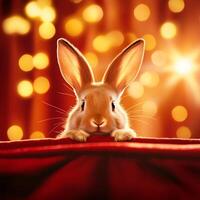 A cute rabbit sits poised on a red table with a soft, warm glow of golden bokeh in the background, creating a charming and inviting atmosphere for animal lovers and festive occasio photo