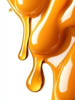 Vibrant golden honey dripping gracefully on a white background, showcasing its smooth texture and rich color. Ideal for culinary and health-related themes or recipes. photo