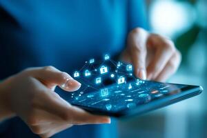 A close-up of a person's hands holding a smartphone, showcasing illuminated digital icons representing security and connectivity in a modern technological environment. photo