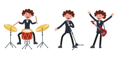 Young musician performing at a lively concert while playing multiple instruments vector