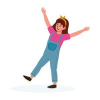 Joyful girl in overalls expressing happiness with arms raised vector