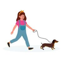 Girl walks a small dog in a cheerful park setting on a sunny day vector