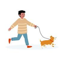 Young boy happily walks his corgi on a sunny day in a park setting vector