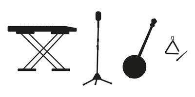 Musical instruments arranged in a creative display featuring a keyboard, microphone, and more vector