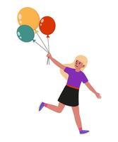 Girl joyfully running with colorful balloons in a playful, cheerful atmosphere vector
