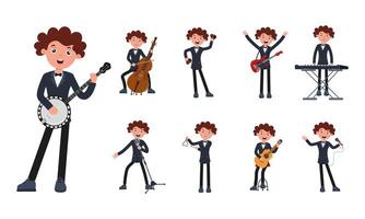Young musician performing with various instruments at a lively music event in a vibrant setting vector