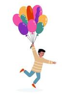 Child joyfully running with colorful balloons in a vibrant setting vector
