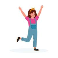 Joyful girl in overalls celebrates with raised arms while dancing on a white background vector