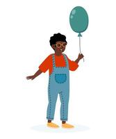 Joyful child holding a balloon while wearing colorful overalls and glasses vector