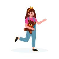 Child joyfully running with teddy bear in a cheerful cartoon style vector