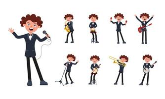 Young musician performing different instruments and singing on stage at a school event vector