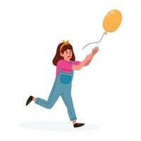 Girl runs joyfully while chasing a yellow balloon in a playful setting vector